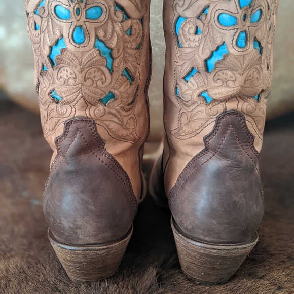 CORRAL C1620 laser tooled tan & turquoise snip toe cowgirl western boots sz 9.5 - Picture 13 of 16